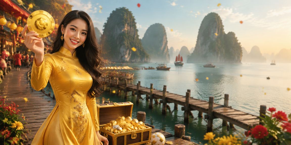 Phong cảnh vịnh Hạ Long với người dùng mặc áo dài theo dõi kèo bóng đá trực tuyến trên điện thoại